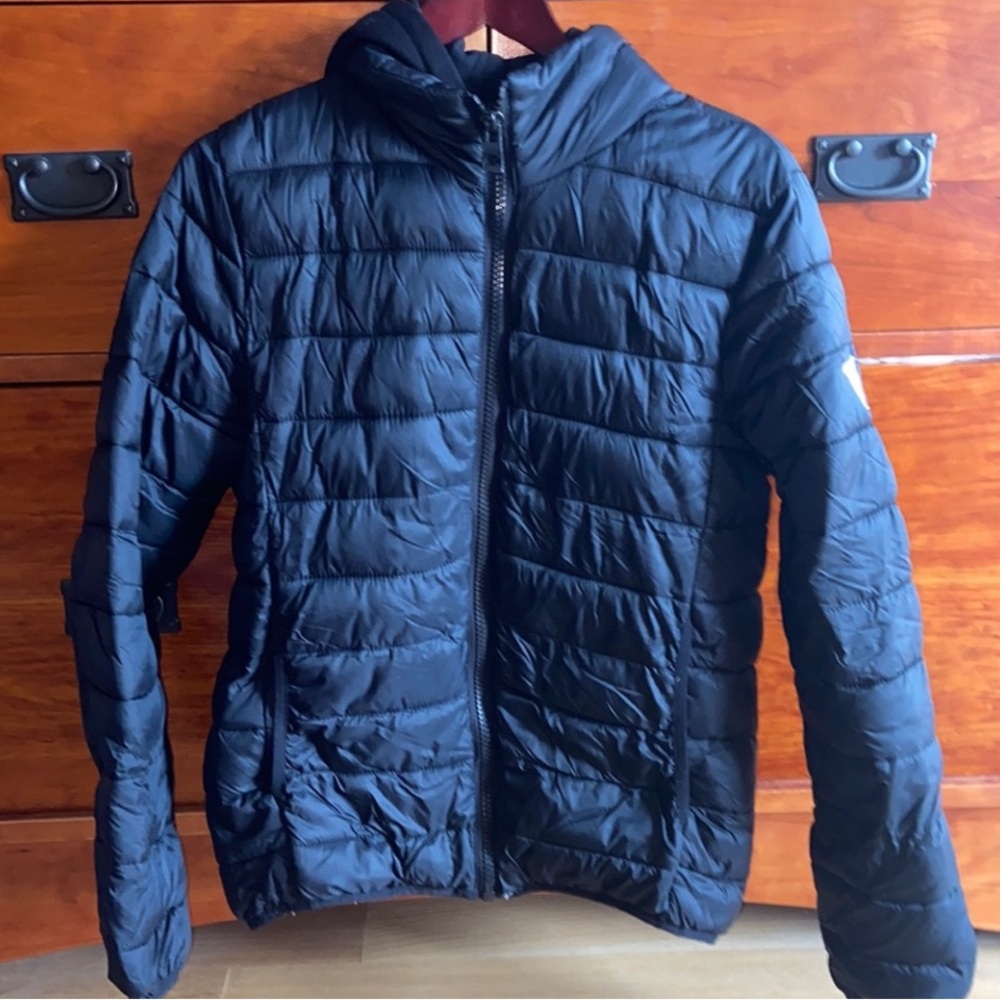 Guess Puffy Jacket Insulated Quilted Puffer Coat Detachable Hood Black